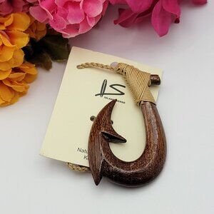 Island Sense Natural Hawaiian Koa Wood Hook Pendant Cord Necklace Brown OS Adj.